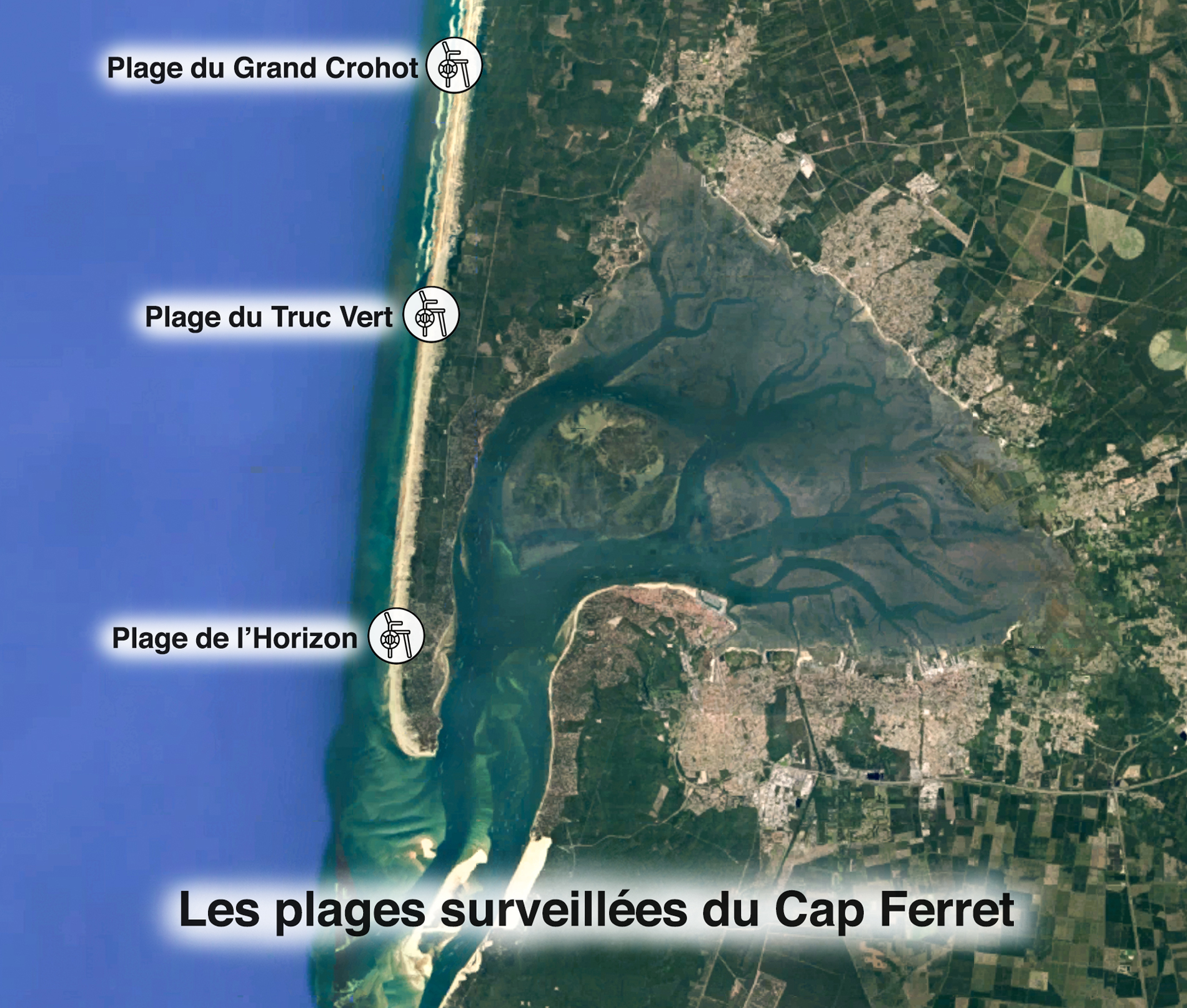 Carte des plages surveillées du Cap Ferret - Saison 2026